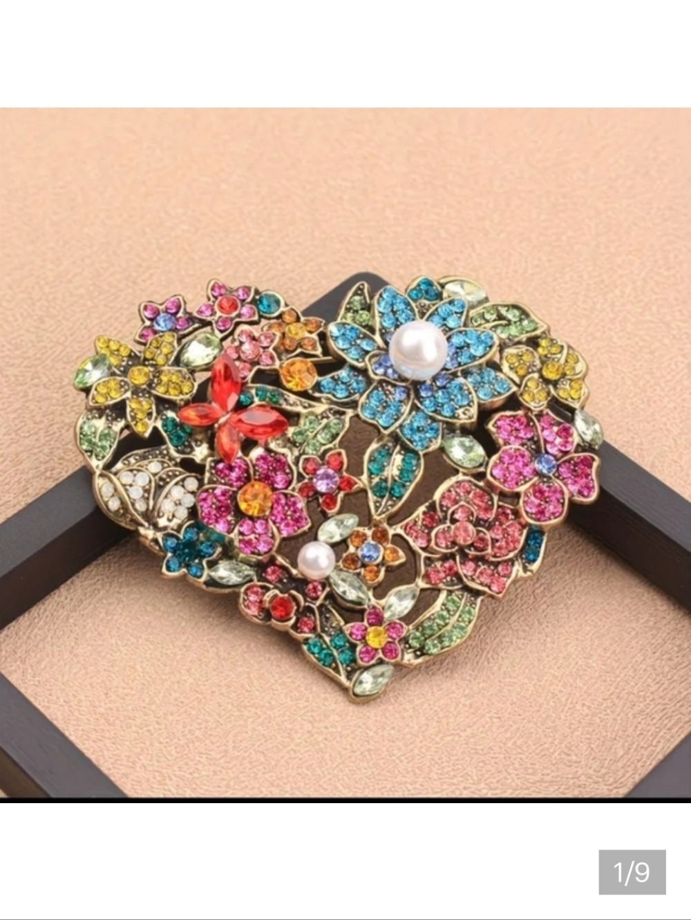 🆕️💗 GOLD-TONE RHINESTONE & PEARL HEART SHAPED FLORAL BROOCH PIN 💗